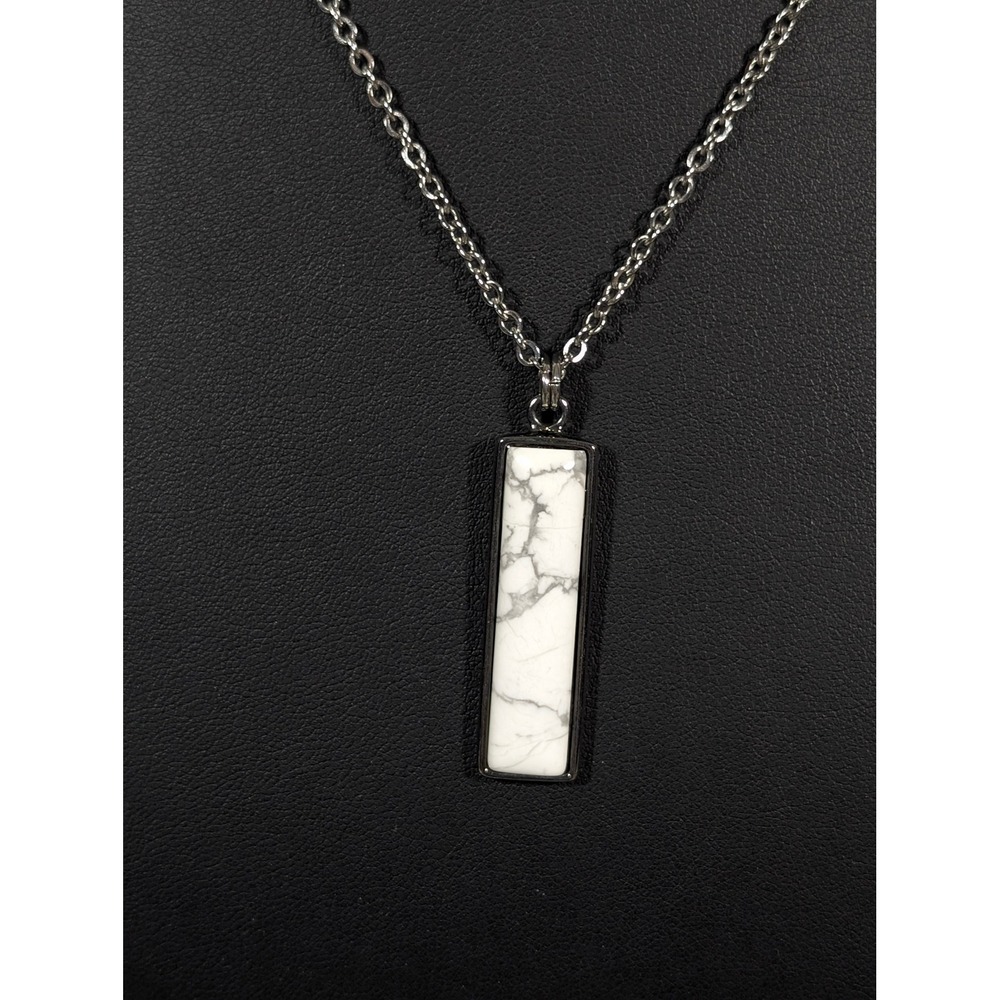 White Stone Bar Pendant Necklace Silver Tone Minimalist Modern 28"
